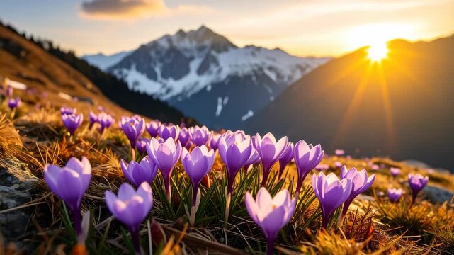 Purple crocus flowers blooming in an alpine meadow during a golden sunset with snow covered mountain peaks