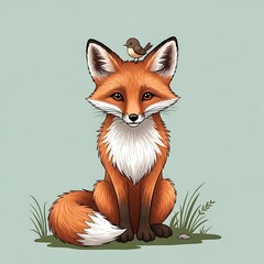Fototapeta premium Cartoon fox sitting with grass background.
