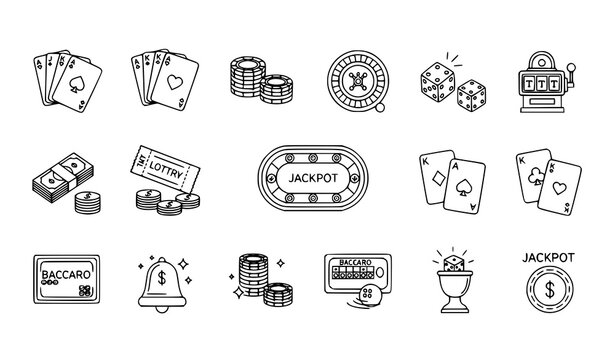 Minimal Casino and Gambling Line Art Vector Icon Set with Playing Cards Roulette Chips Money and Slot Symbols