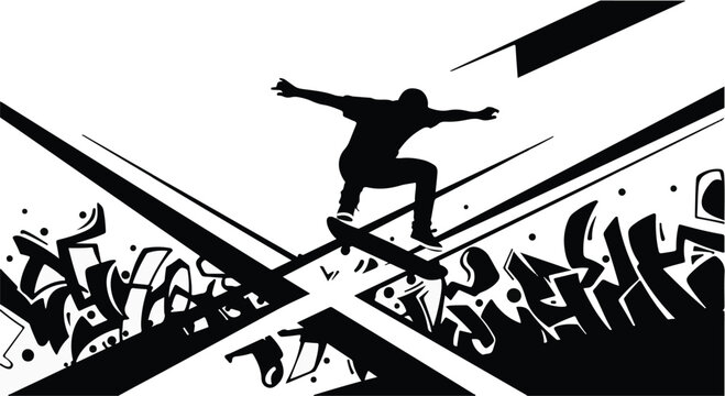 Dynamic silhouette of a skateboarder performing a trick against a graffiti-inspired urban background.