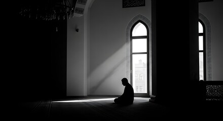 Fototapeta premium Silhouetted Man Sitting in Dark Room with Arched Windows