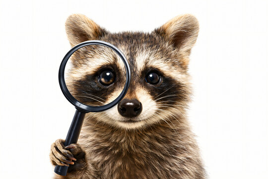 Curious raccoon examining details with magnifying glass closely