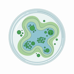 Petri dish with bacteria culture displaying colonies of green microorganisms in a microbiology lab; vector illustration