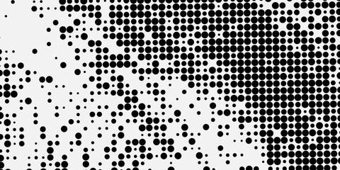 Grunge halftone gradient background. Faded grit noise texture. White and black sand wallpaper. Retro pixelated backdrop. Anime or manga style comic overlay. Vector graphic design textured template