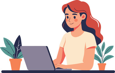 Donna che usa un laptop in ufficio casa al bar vettoriale