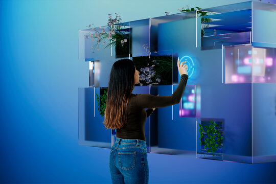 3D Biometric Green Hub with woman touch and plant panels