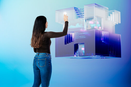 3D Analytics Control Cube with hologram charts and woman touch