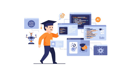 Student exploring the future of AI and advanced technology, mastering programming, data science, and robotics for innovative digital transformation