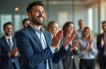 Obraz premium Business team applauds successful colleague. Man in suit smiles widely, receiving praise from diverse coworkers in modern office. Career growth success. Job well done.