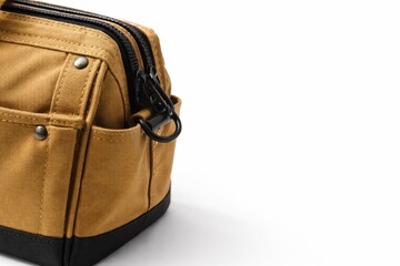 Fototapeta premium Professional studio macro photo tan canvas tool bag corner showing weave and reinforced stitching isolated on pure white background