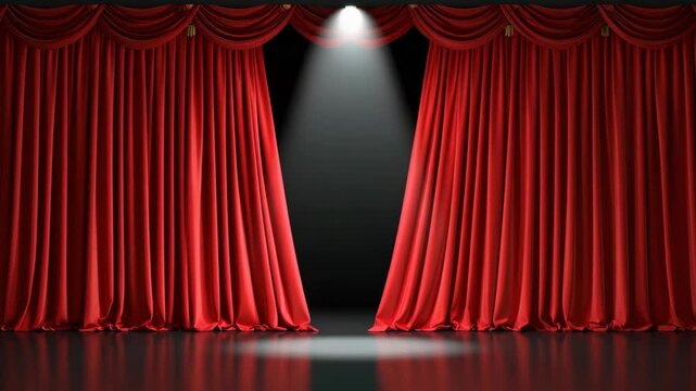 Elegant red velvet stage curtains partially open with a bright white spotlight shining on a dark empty theater floor