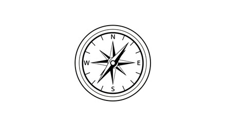 Detailed black and white illustration of a vintage compass, depicting cardinal directions for navigation, travel, adventure, and exploration.