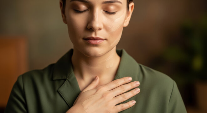 Woman closes her eyes with one hand resting over her heart demonstrating sincerity or deep feeling in a soft indoor setting.