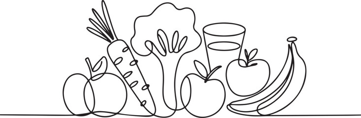 Obraz premium Continuous one line drawing Healthy food concept. Vegetables, fruits and milk.one line vector icon with out background