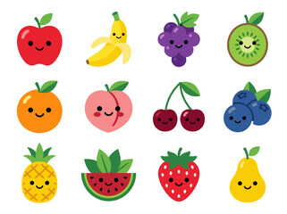Kawaii Fruit Character Collection with Cute Smiling Faces Including Apple Banana Grapes Kiwi Orange Peach Cherry Blueberry Pineapple Watermelon and Pear
