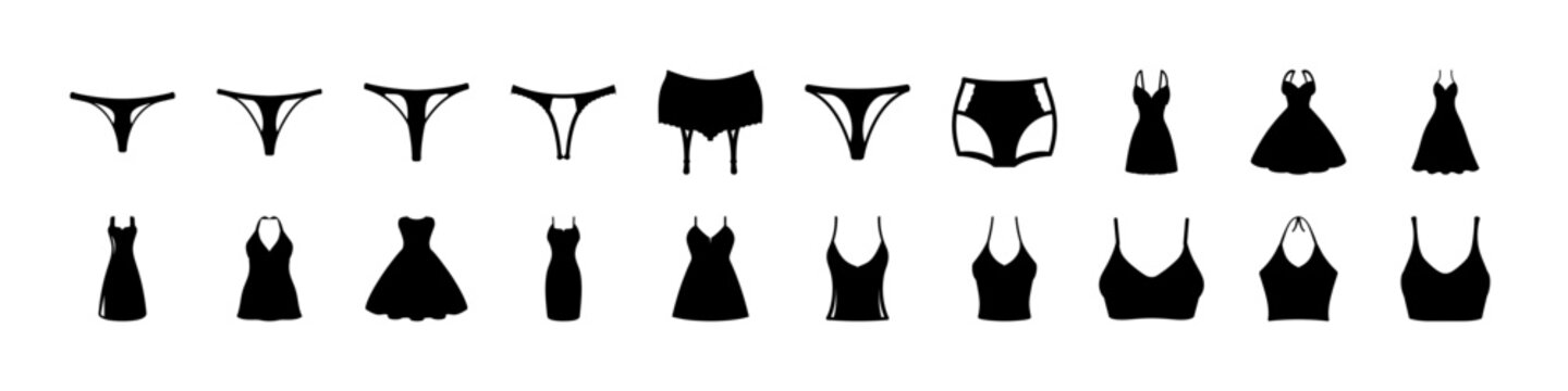 Variety of black bra and lingerie styles flat design - A clean, modern flat design collection of diverse black bras and lingerie sets, ideal for editorial, fashion, or lifestyle projects.