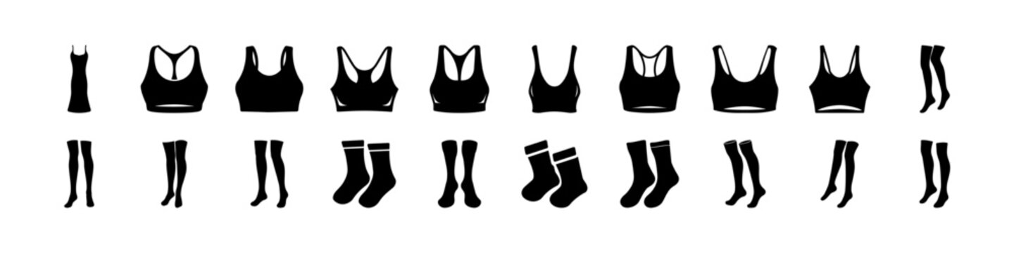 Black and white minimalist bra and underwear set icons - A clean collection of minimalist icons showing different styles of black bras and underwear sets in a simple, modern design.