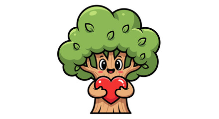Cute Cartoon Tree Holding a Red Heart