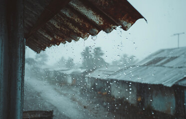 Raindrops falling from a weathered roof edge during a cloudy, overcast weather condition