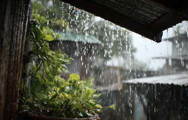 Rain falling from a roof with blurred foliage and buildings in the background