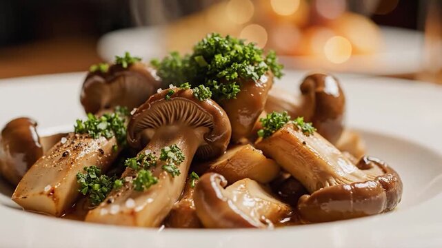 Delicious saut�ed mushrooms with fresh herbs and seasoning served on a white