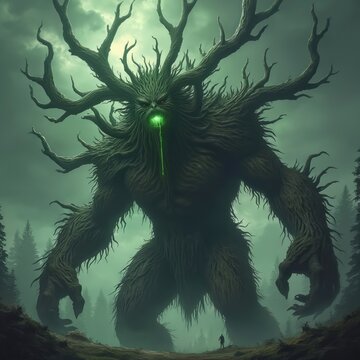 Giant tree monster with glowing green mouth stands in foggy forest. Human figure stands small below, dwarfed by creature. Gnarled branches form antlers on its head.