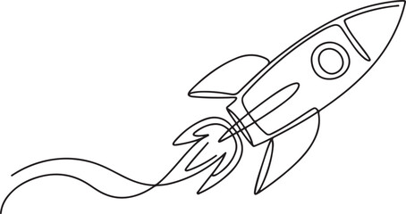 Fototapeta premium Rocket in Continuous one line drawing. Rocket space ship launch line art vector illustration.one line vector icon with out background