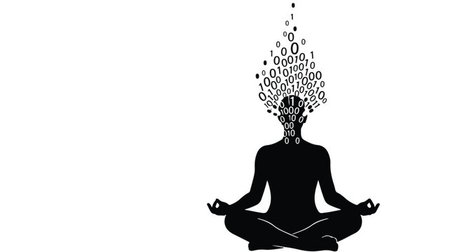 Silhouette meditating person with binary code flowing from head, symbolizing digital consciousness and innovation.