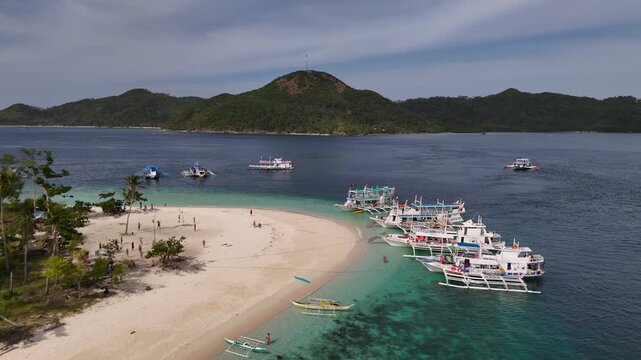 Drone aerial view of the amazing Cagdanao Island and beach between Coron and El Nido in the Philippines
