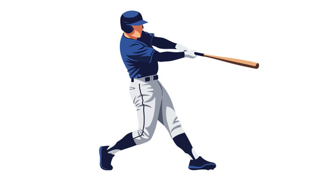 Dynamic Baseball Player in Blue Uniform Swinging Bat, Vector Illustration