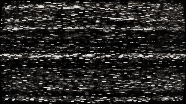 A distorted TV screen displays static noise in a dark room with no people