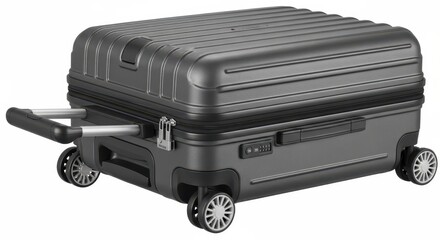 Modern dark grey hard shell suitcase with telescopic handle and spinner wheels travel luggage for business trips and vacations isolated on white