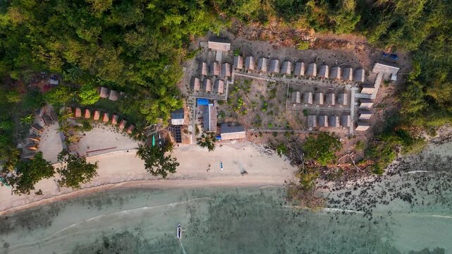 Drone aerial view of KMAAL campsite in Linapacan near Coron in The Philippines.