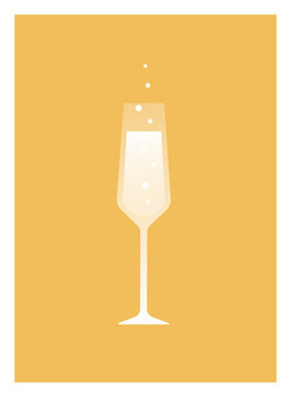 Minimalist flat vector illustration of a single champagne flute with sparkling bubbles on a golden yellow background. Celebrations, luxury, New Year's Eve, invitations, and festive designs