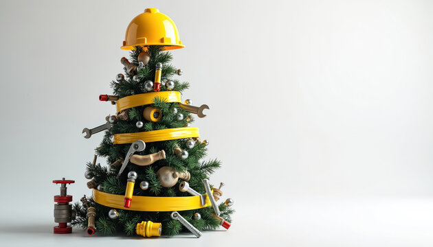 Christmas tree decorated with construction tools like wrenches screws, yellow hard hat on top. Festive holiday decor includes shiny silver ornaments, yellow ribbon. Unique builder themed celebration.