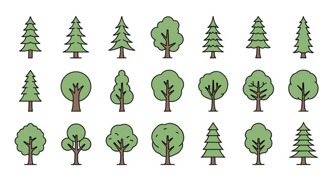 Large grid showing various green tree icons in different shapes, from tall pines to round deciduous trees, for map or game design.