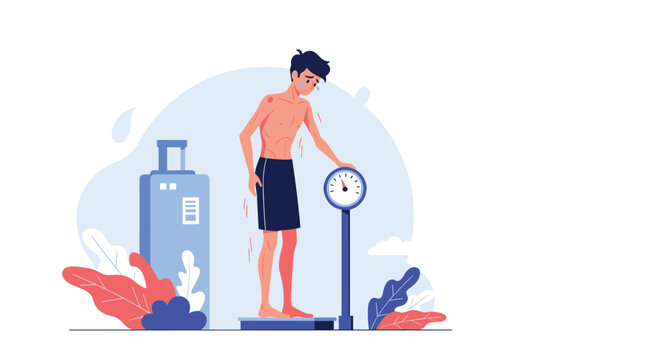 Sad thin man checking his weight on a mechanical scale next to a suitcase representing weight loss or health issues.