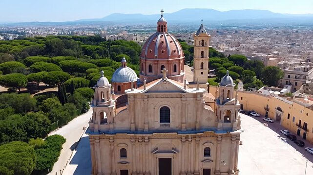 Majestic church aerial view with domes and bell tower, city landscape behind church aerial, building.