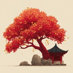 Golden Coins Tree in Front of Traditional Home Illustration for Chinese New Year Celebration.