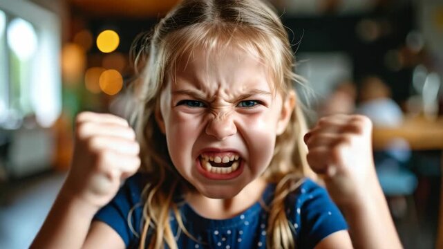 Furious young blonde girl clenching her fists and screaming with an aggressive expression during an emotional tantrum