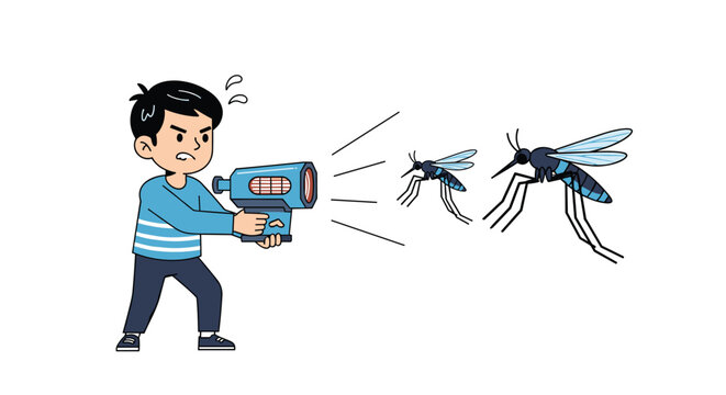 Brave young boy holding futuristic blue energy gun and zapping flying mosquitoes to protect himself from insect pests.