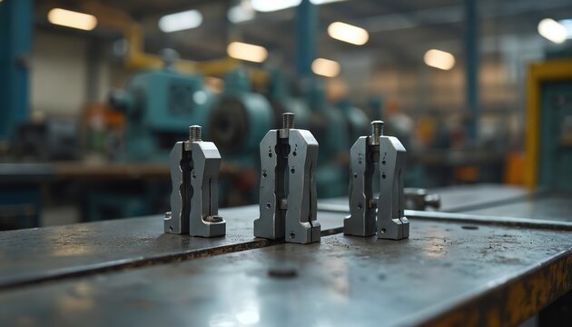 Three metal jig fixtures sit on a rusty workbench in a machine shop. Blurred factory machinery and lights create a background atmosphere for industrial work.
