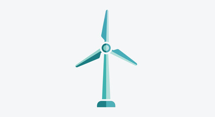 Stylized flat design illustration of a teal and blue wind turbine generating clean renewable energy, symbolizing sustainable power and environmental protection.