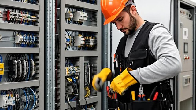 Precision and Expertise: A skilled electrician, clad in a hard hat and protective gear, meticulously inspects and maintains intricate electrical components.