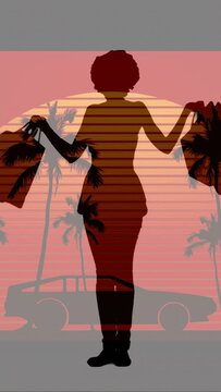 Vertical video: Shopper silhouette entering from right and posing with bags to showcase haul