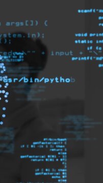 Vertical video: Dev left blue code emerging and sliding across torso, bubbles forming for demo