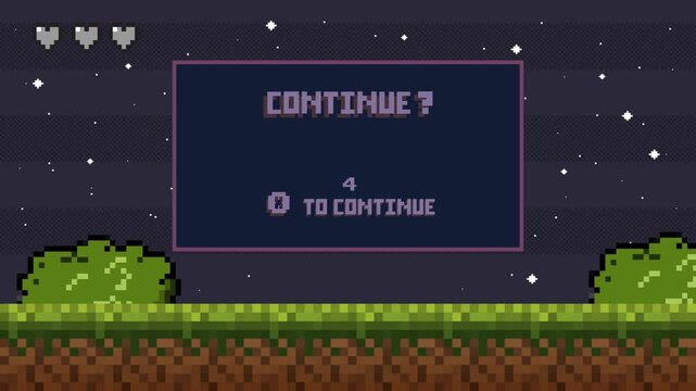 Press key to continue playing.countdown to continue After the game over screen, retro 8 bit style.pixel art.	