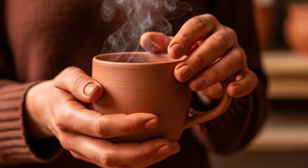 Hands Cupping Steaming Hot Beverage in a Cozy Mug, Evoking Warmth and Comfort