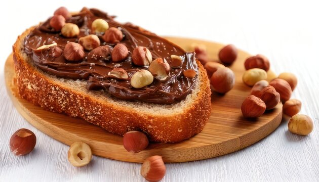 Delicious Nutella Toast with Hazelnuts on a Wooden Board, Food Photography.