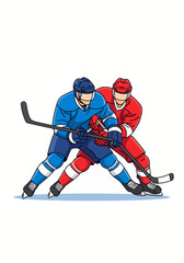Obraz premium Two hockey players from opposing teams fighting for puck